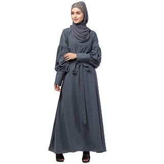 Elegant abaya with long cuff sleeves- Grey